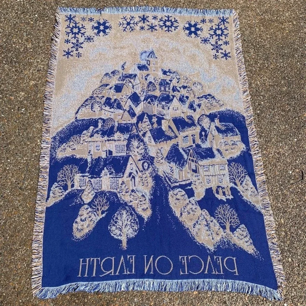Vintage Peace On Earth Snow Village Holiday Woven Blanket Throw Tapestry